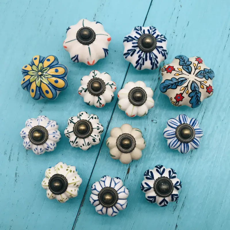 Мульти Цвет Керамика дверная ручка 1 шт. ручной работы тыквы ручки шкафа с синий и