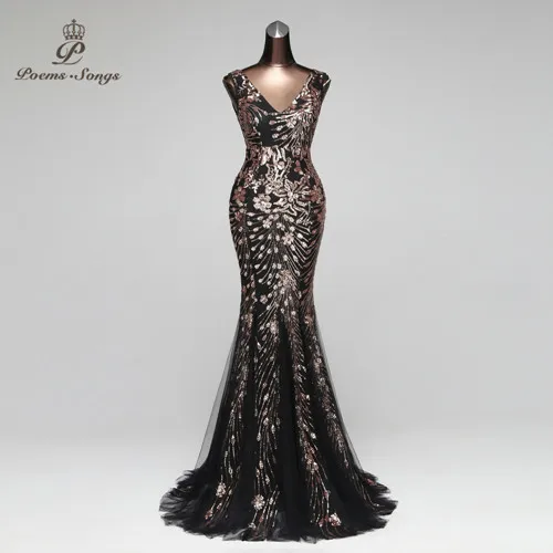 Poems Songs New Double-V Mermaid Evening Dress prom gowns Formal Party dress vestido de festa Elegant Vintage robe longue - Цвет: color as photo