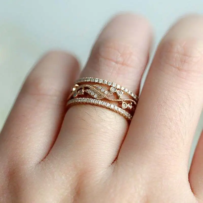 New Women's Size 5-12 Rose Gold Ring Creative Hollow Micro inlaid Crystal CZ 3-piece set Fashion Glamour Jewelry Wholesale | Украшения