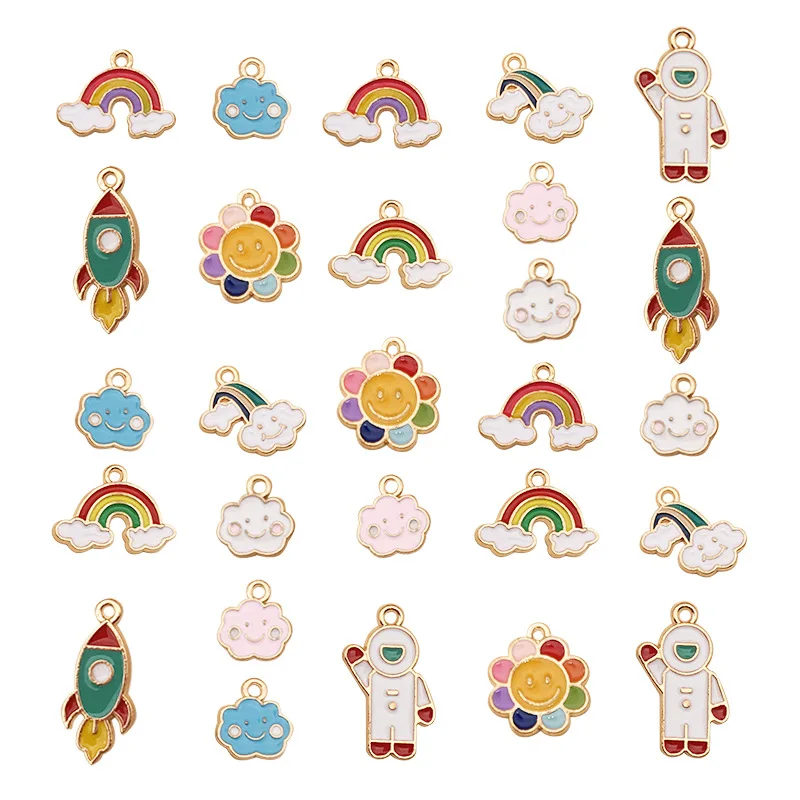 

27Pcs/Pack Mixed Set Smile Flower Rainbow Astronaut Dripping Alloy Jewelry Pendant DIY Making Bracelet Keychain Pendant Material