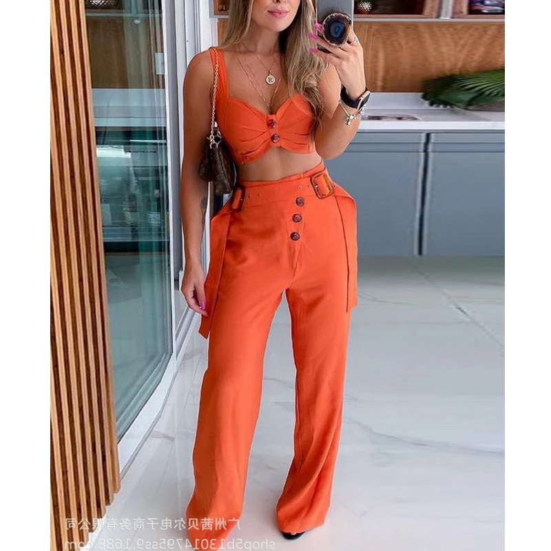 

Mandylandy Summer V-neck Spaghetti Strap Backless Short Vest + Lace-up Straight-Leg Pants Suit Womens Sexy Solid Color Slim Suit