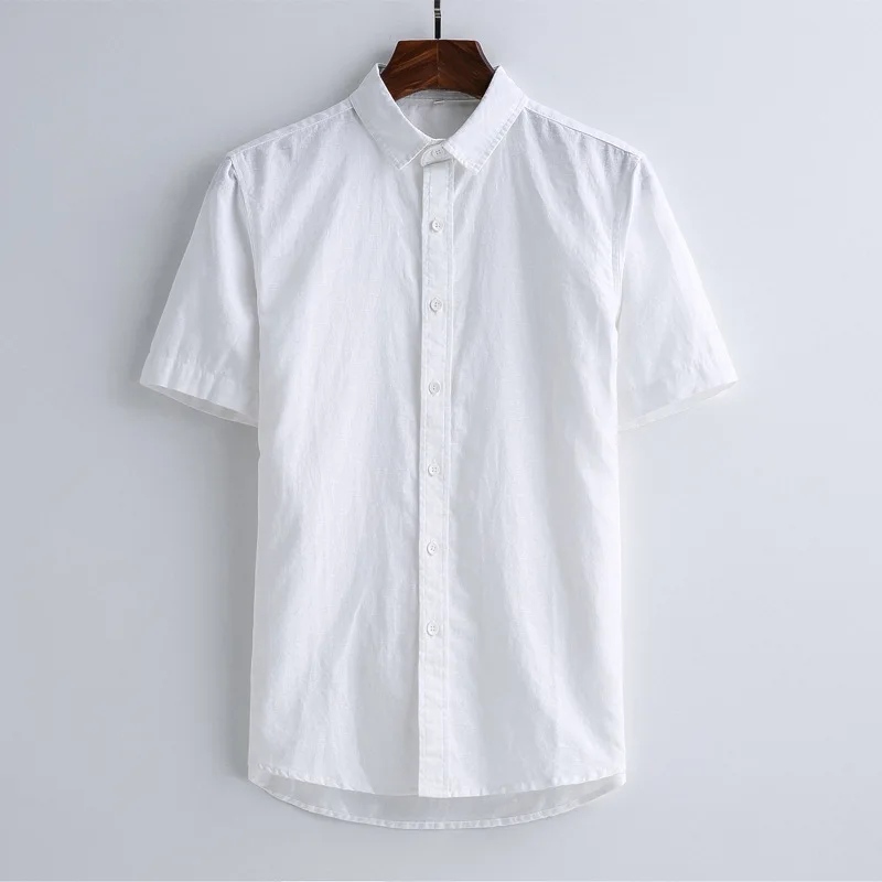 Повседневная Мужская льняная рубашка с коротким рукавом и отложным воротником