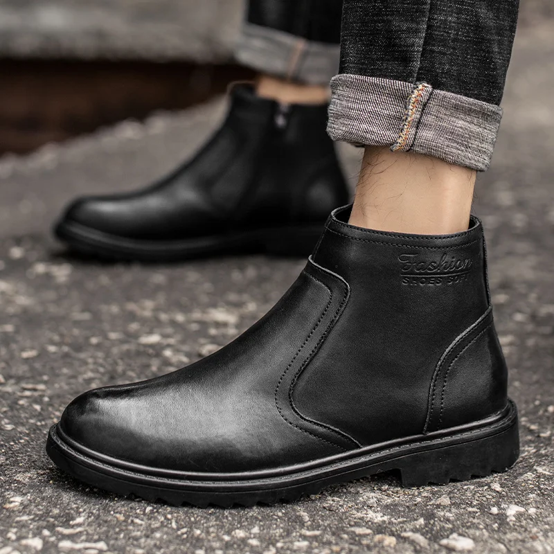 

men's Chelsea Boots Genuine Leather Bottom Outsole Calf Leather plush warm snow boots men outdoor Inner Handmade Boots Shoes