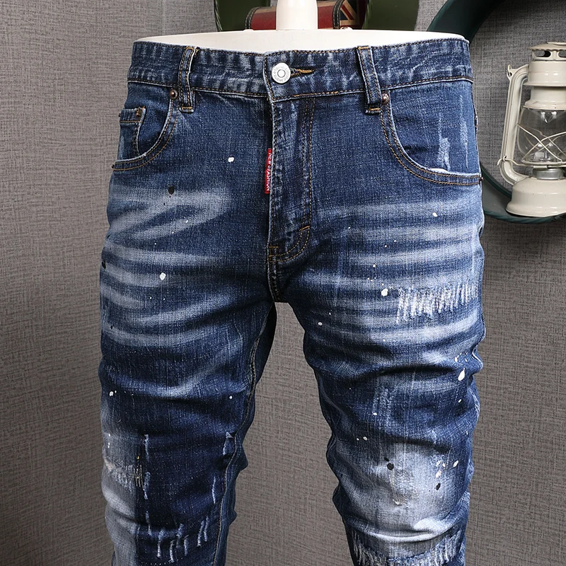 European American Street Fashion Men Jeans Retro Blue Elastic Slim Ripped Jeans Men Distressed Designer Hip Hop Denim Punk Pants