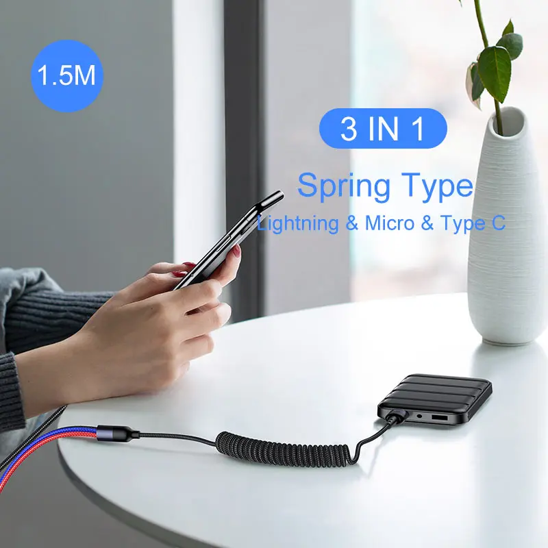 3 in 1 Spring 1.5M USAMS 3 в 1 Micro USB кабель 3A type C кабель для iPhone кабель USB C кабель для зарядки 4 в 1 шнуры для iPhone 6 6s 7 8 x xs samsung - Цвет: 3 in 1 Spring 1.5M
