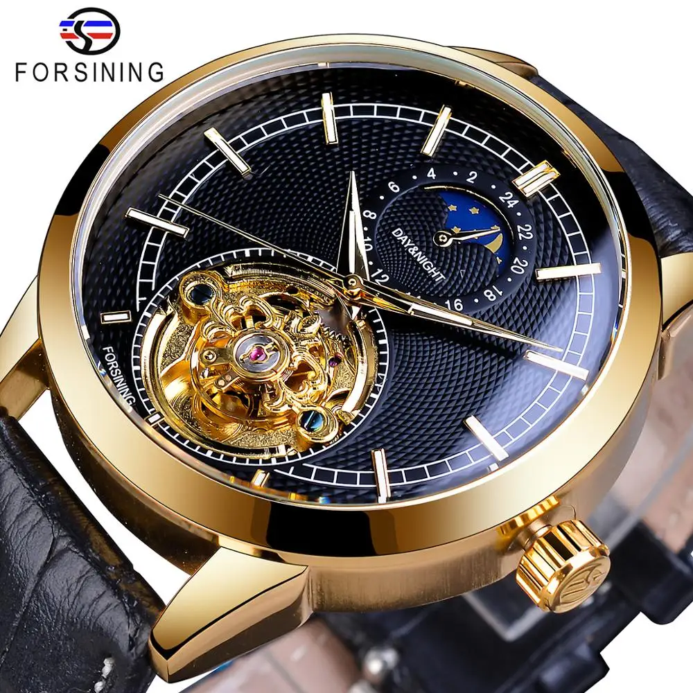 Forsining New Arrival Mens Wristwatch 2019 Top Brand Luxury Automatic Mechanical Golden Case Tourbillon Leather Strap Man Clock