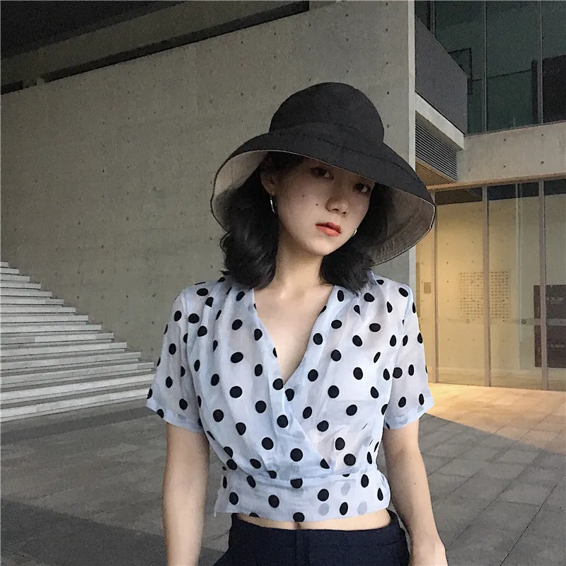 

Summer Spring Chic Vintage Crop Tops V Neck Short Sleeve Blouse Women Polka Dot Chiffon Top High Waist Slim Blusas Mujer Shirts
