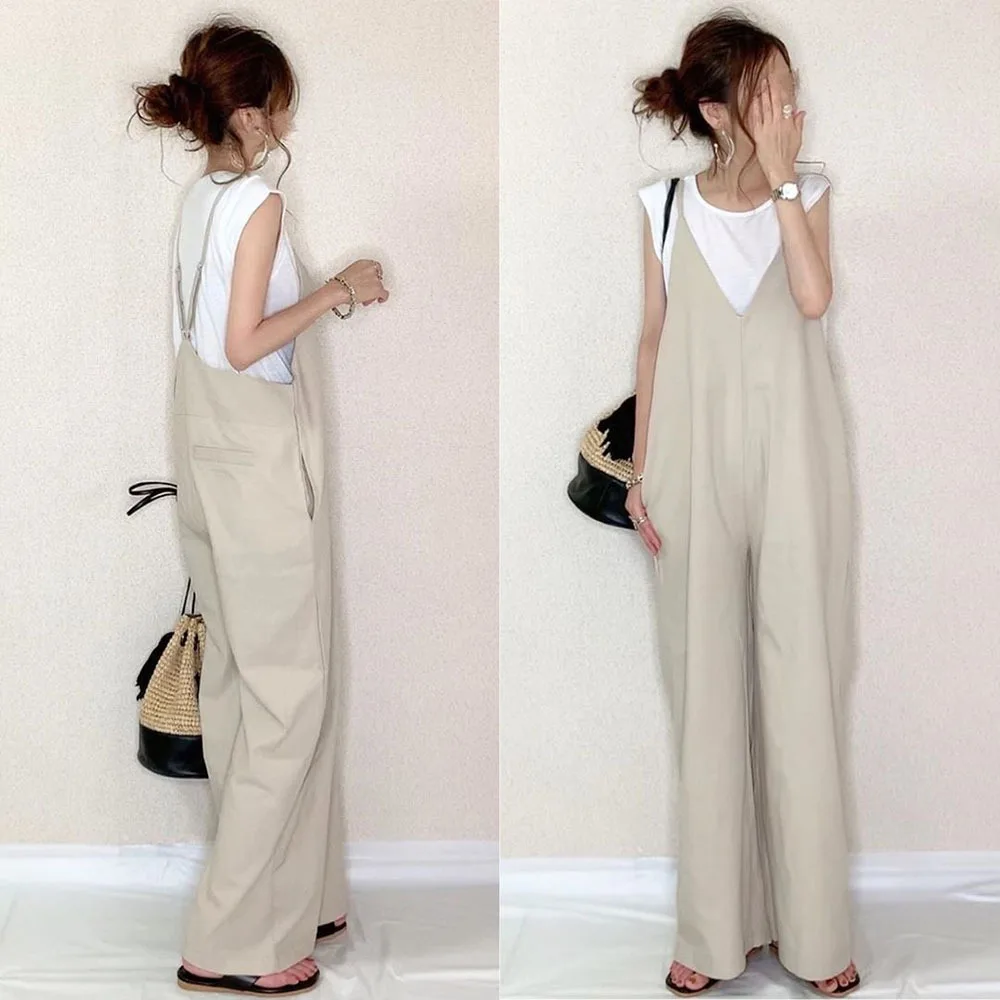 

Loose wild wide-leg pants 2021 new solid color casual stitching overalls V-neck jumpsuit women