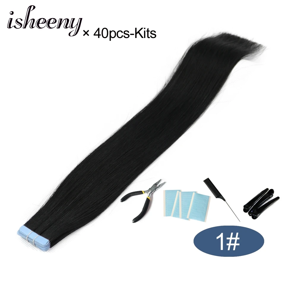 Isheeny 1" 18" 2" 22" 2" лента в Пряди человеческих волос для наращивания Прямой Реми на клей Невидимый PU выдвижение утка 14 цветов Выберите - Цвет: 1-40pcs