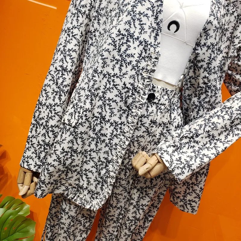 

Summer Office Ladies Suits Sets Fashion Thin Section Printed Ruffle Slim Fit Coat High Waist Wide Leg Suit Pants Women Two Piece