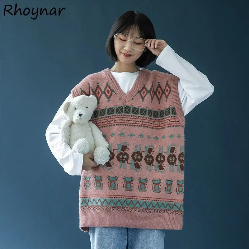 

Sweater Vest Women Vintage Kawaii Sleeveless Loose All Match Street Wear Printed Ulzzang V-neck Preppy Knitting Autumn Daily Ins