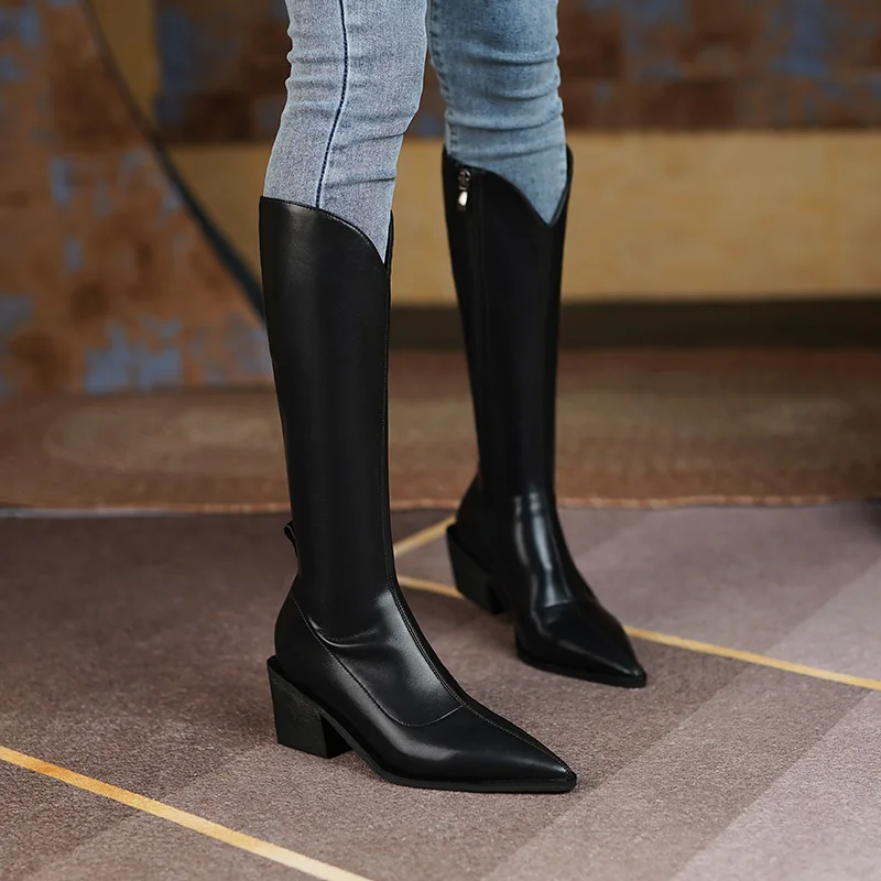 

Mid-tube boots 2021 autumn and winter new women's leather boots pointed toe leather popular fashion campus party trend frontline