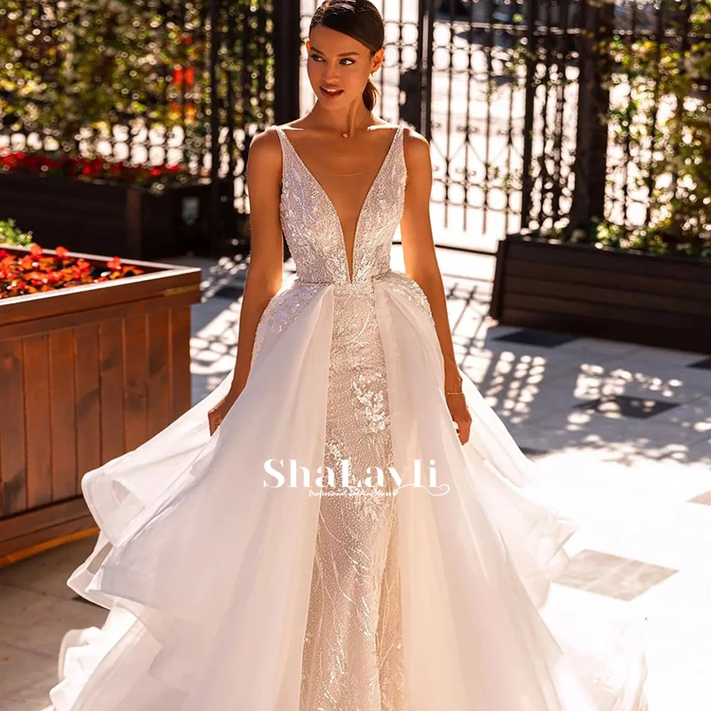 

Vintage Mermaid Wedding Dress Embroidered Sequins Detachable Train 2 In 1 V Neck Sleeveless Bride Gowns Vestido De Novia Classic
