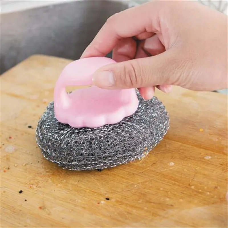 

Stainless Steel Scourers With Plastic Handle Steel Wool Scrubber Pad Kitchen Bathroom Cleaning Brush For Dishes Pots Pans