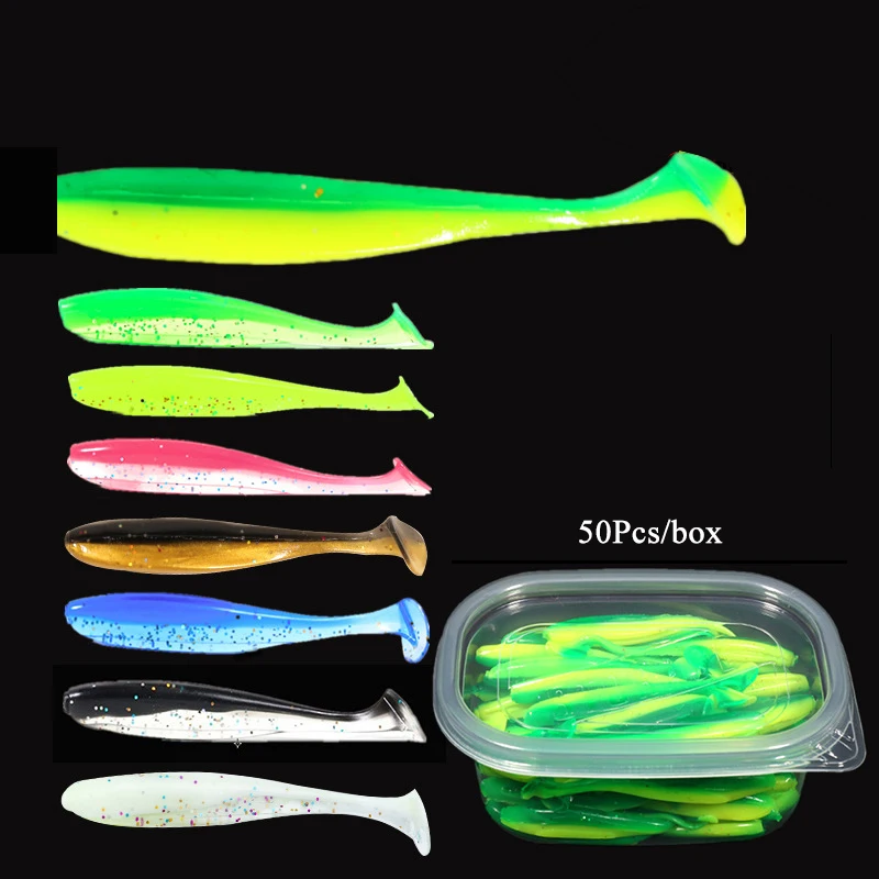 

50Pcs/Box Fishing Lure Soft Lure Isca Artificial 5.5cm Worm Silicone Bait Sequins Leurre Souple T Tail Wobbler Fishing Lures