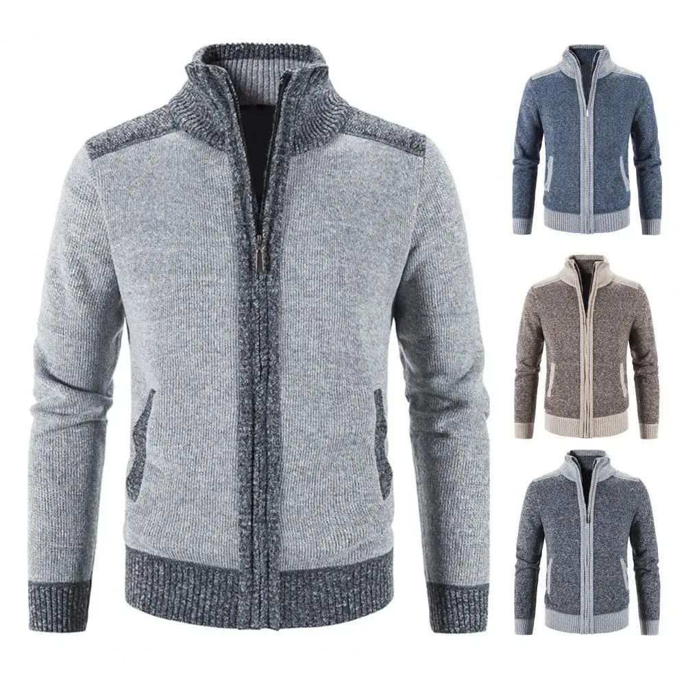 

Plaid Lined Zipper Closure Male Sweater Coat Long Sleeve Patchwork Color Pockets Stand Collar Sweater Coat Men Knitwear