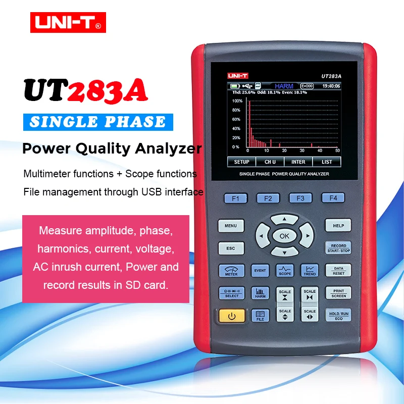 

Анализатор качества электроэнергии, однофазный UT283A, ток инкрустации/время гармоник/измерение мигания/запись данных