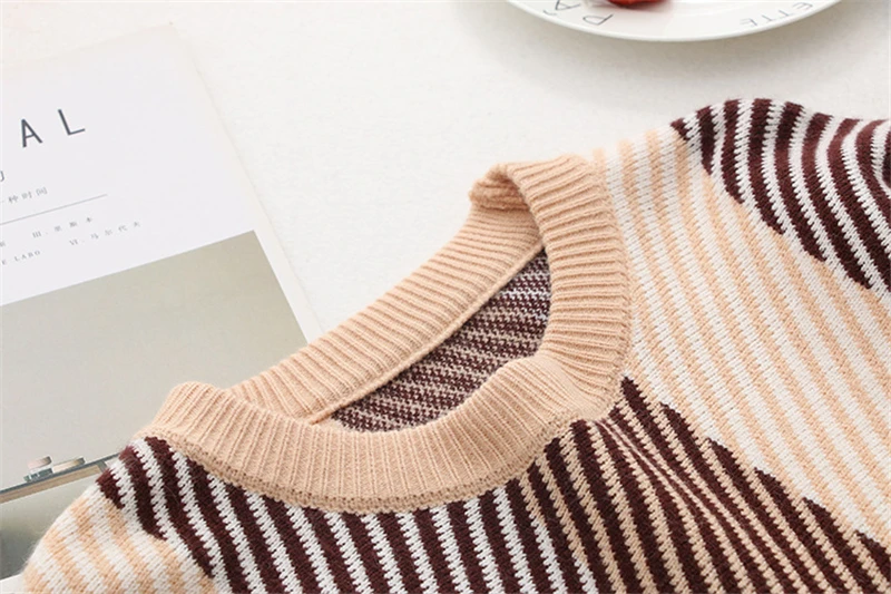 Женский Теплый вязаный свитер Свободный пуловер в полоску с рукавами-фонариками