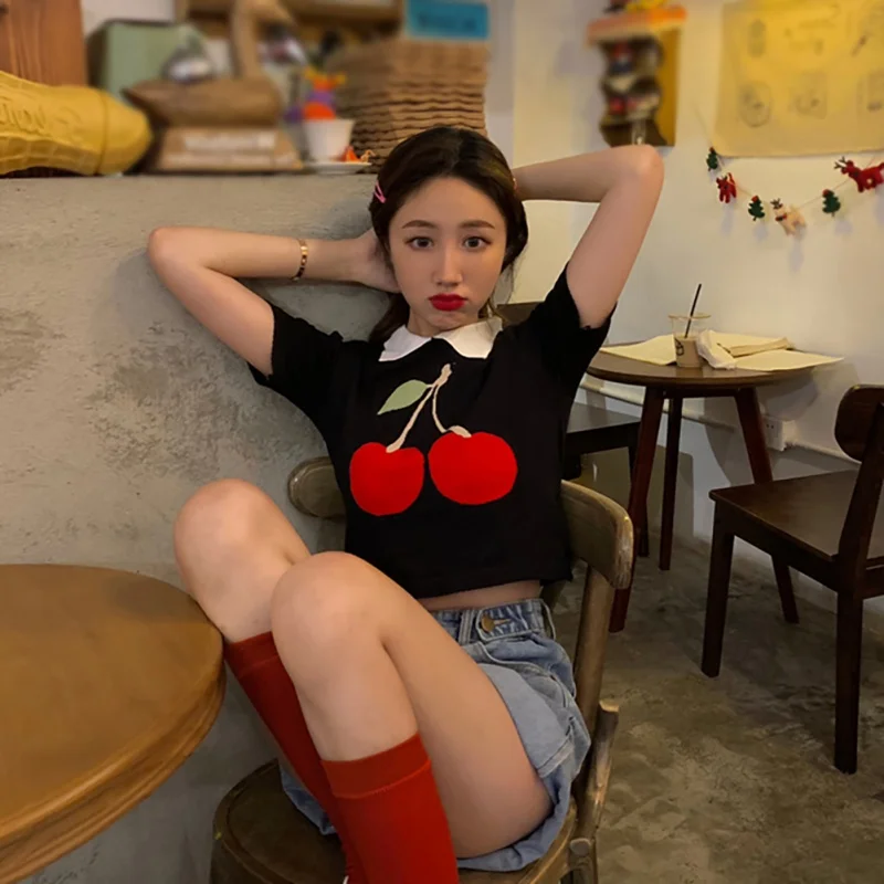 Женский сексуальный трикотажный топ с отложным воротником и принтом вишни