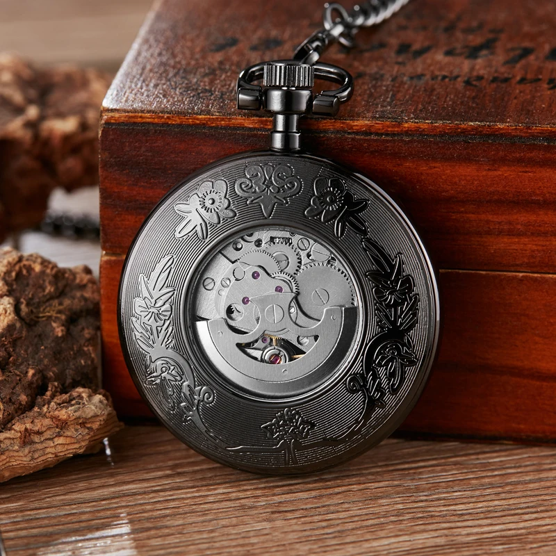 Golden Sliver Smooth Automatic Mechanical Pocket Watch Steampunk Skeleton Fob Chain Hand Winding Hollow for Men Women