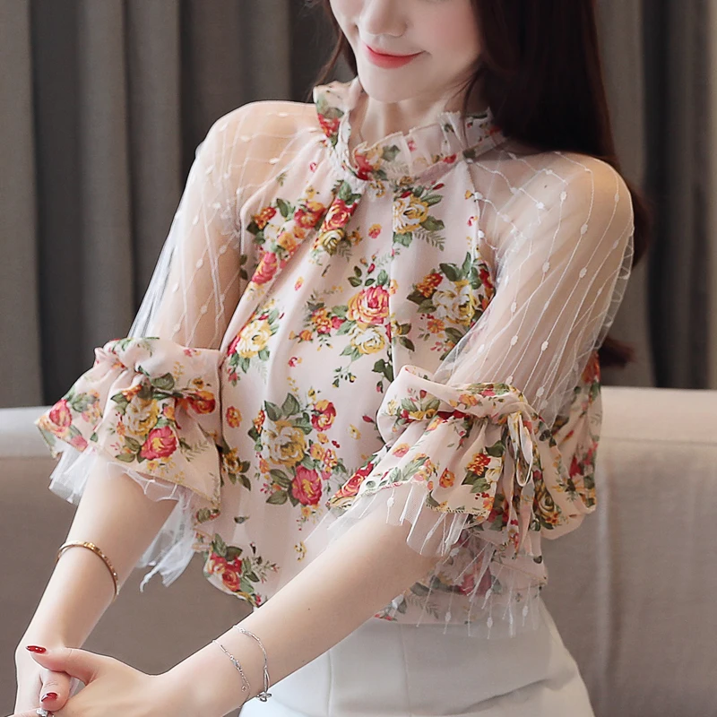 

New Women tops Print Women's Clothing lace blouses shirt Summer sexy office Ruffle Chiffon Half sleeves hollow out blusa 87i3