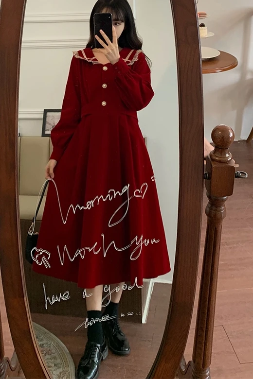 

French Retro Christmas New Year Doll Collar Waist-Controlled Lace-up Thickened Elegant Long kawaii clothing sweet lolita dress