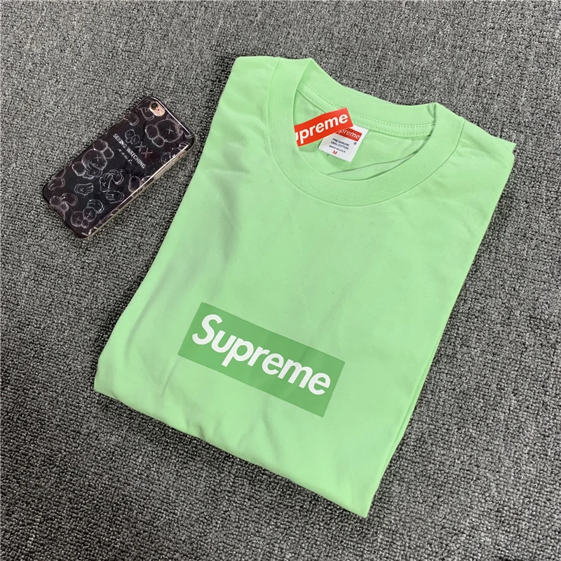 

Box Short-sleeved Supreme T-shirt Men and Women Matcha Light Green Peach Powder Sky Blue Couple Loose Tee