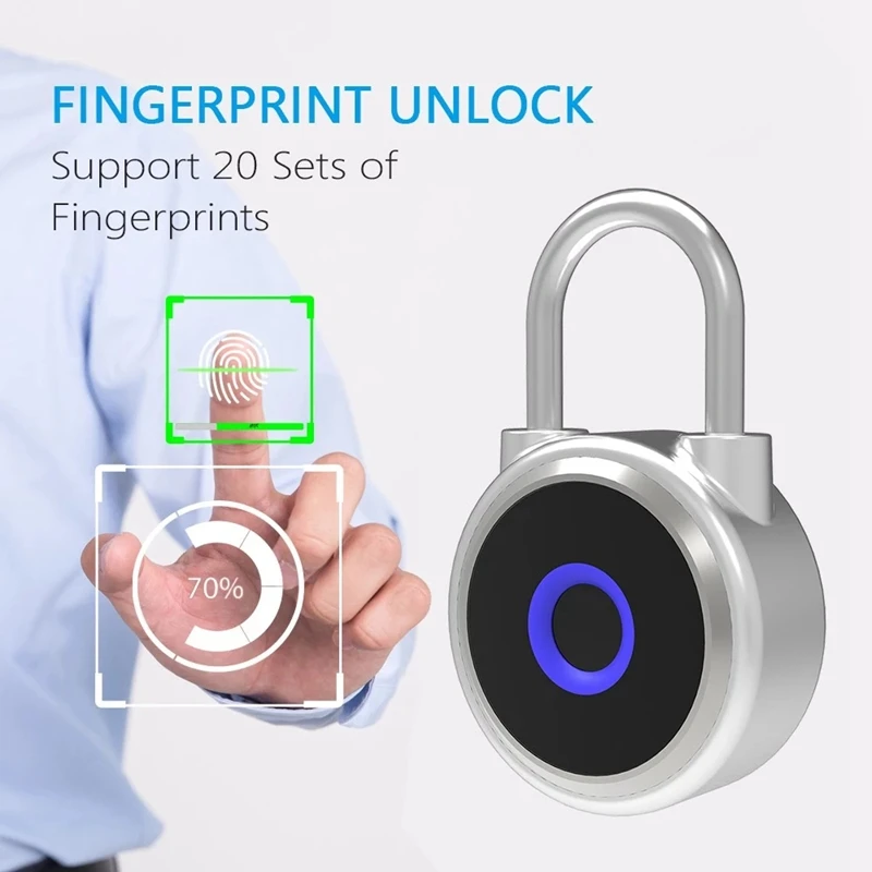 

20 Groups Fingerprint Padlock IP65 Waterproof Fingerprints Rechargeable for Lockers Bags Bicycle