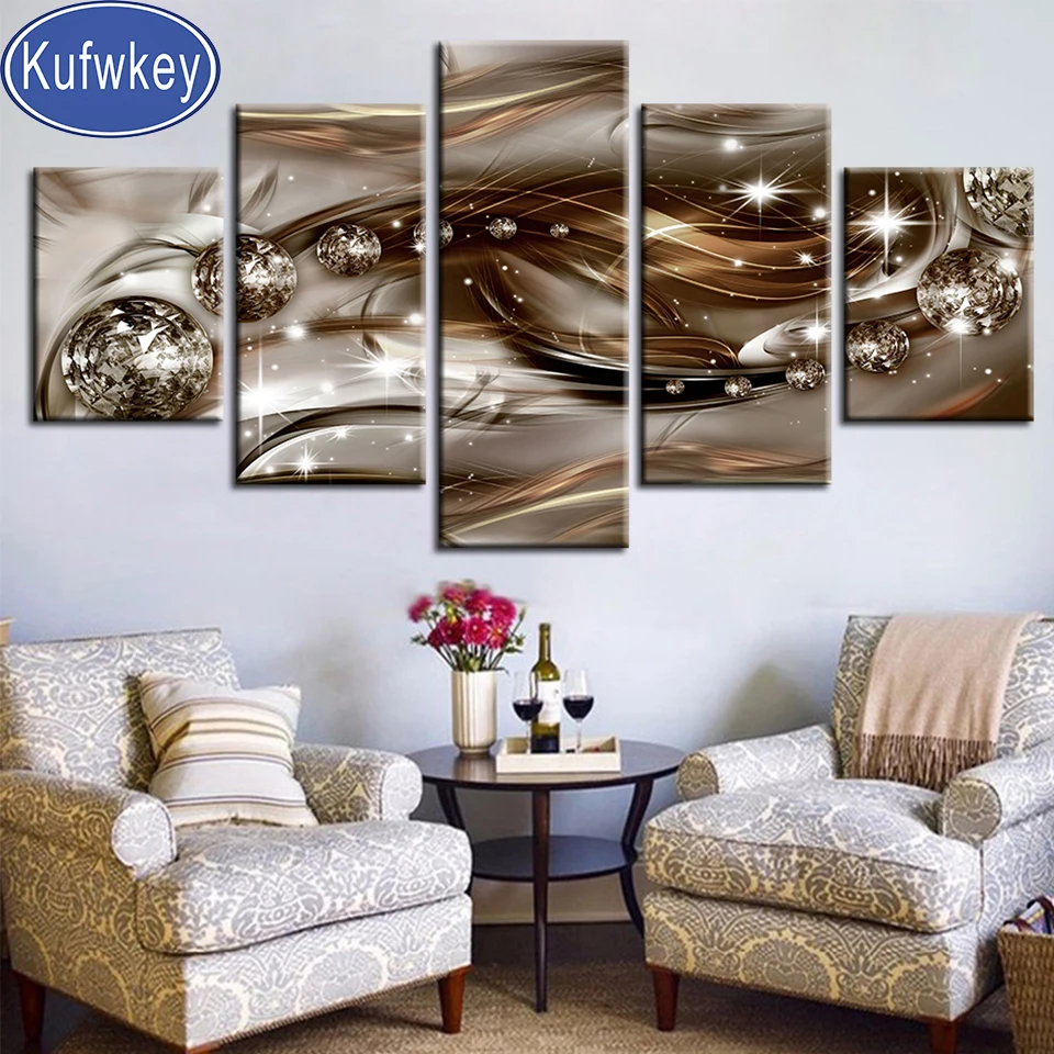 

Алмазная живопись, 5 панелей, Золотая абстрактная живопись, Современная Алмазная вышивка, полная круглая квадратная картина 5d, мозаика-Пазл ...