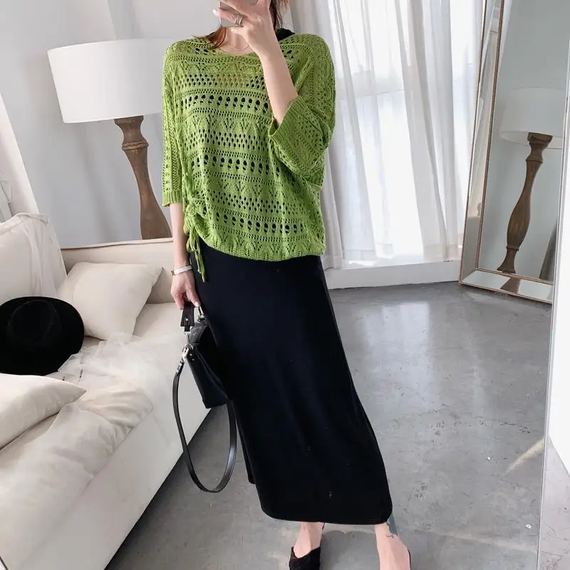 

Fashion Dress Suit Female Spring and Summer New Loose Hollowed Out Strap Knitted Bat Shirt Vest Dress Two-piece Suit