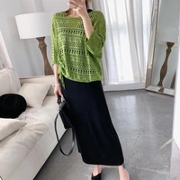 fashion plus size dress suit female spring and summer new loose hollowed out strap knitted bat shirt vest dress two piece suit