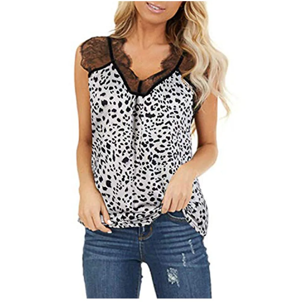 Fashion Lace Strappy Blouse Shirt Leopard V-Neck Tunic Tops Casual Summer Ladies Top Female Women Sleeveless Blusas Pullover | Женская