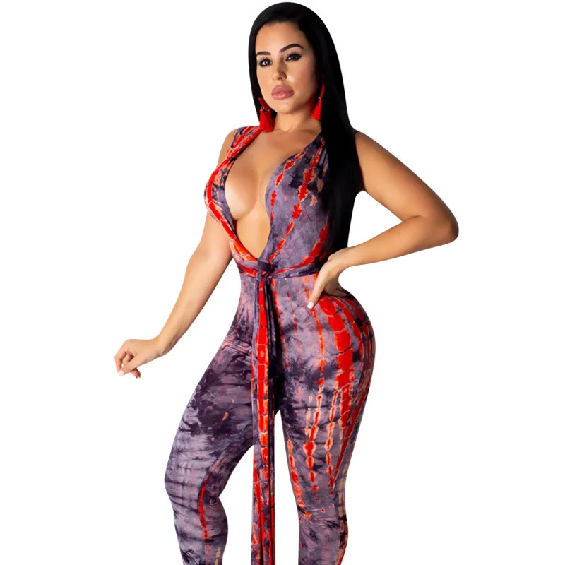 Новый сексуальный комбинезон с v образным вырезом и принтом комбинезоны поясами