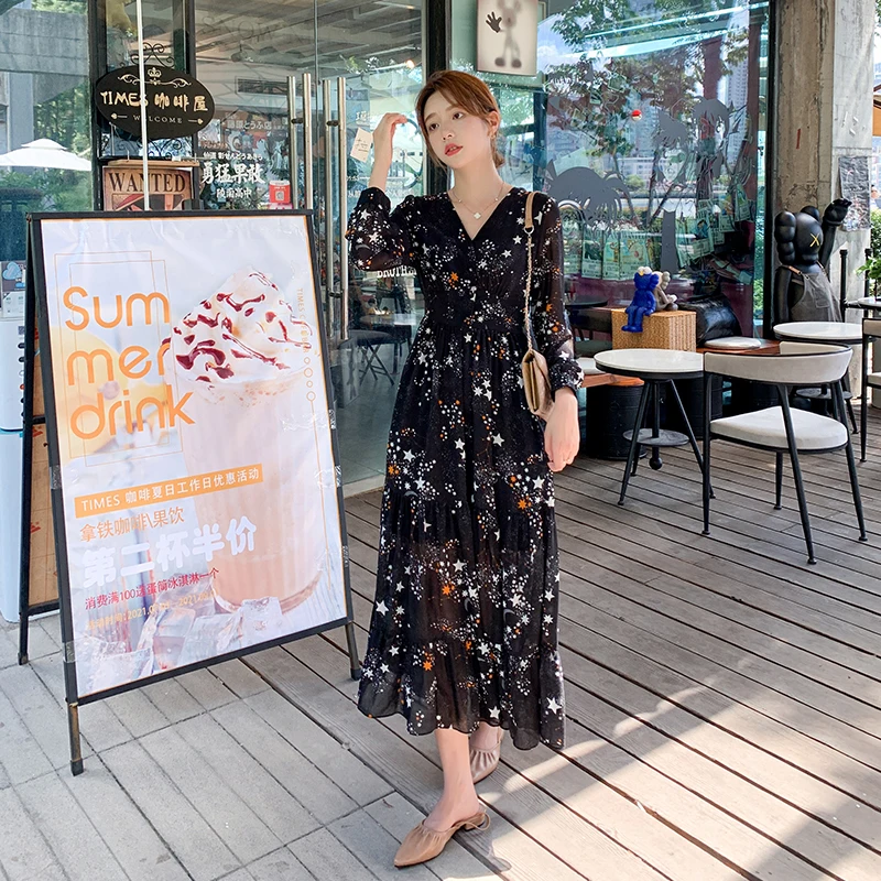 

Шифоновое платье-макси для женщин, повседневное черное платье звездное небо, женское элегантное французское платье с длинным рукавом на ве...