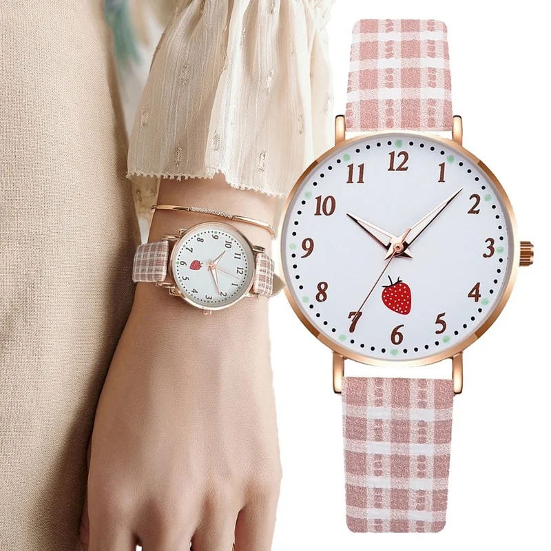 

Strawberry Dial Design Ladies Wristwatches 2021 Fashion Casual Women Flower Watches Simple Number Woman Leather Quartz Watch