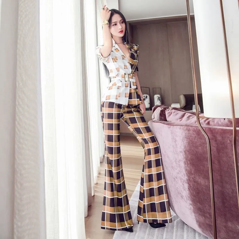 

2pcs Tweed Women Elegant Plaid Print Dress Suit Set Lady Office Wear Blazer Wide Leg Pants