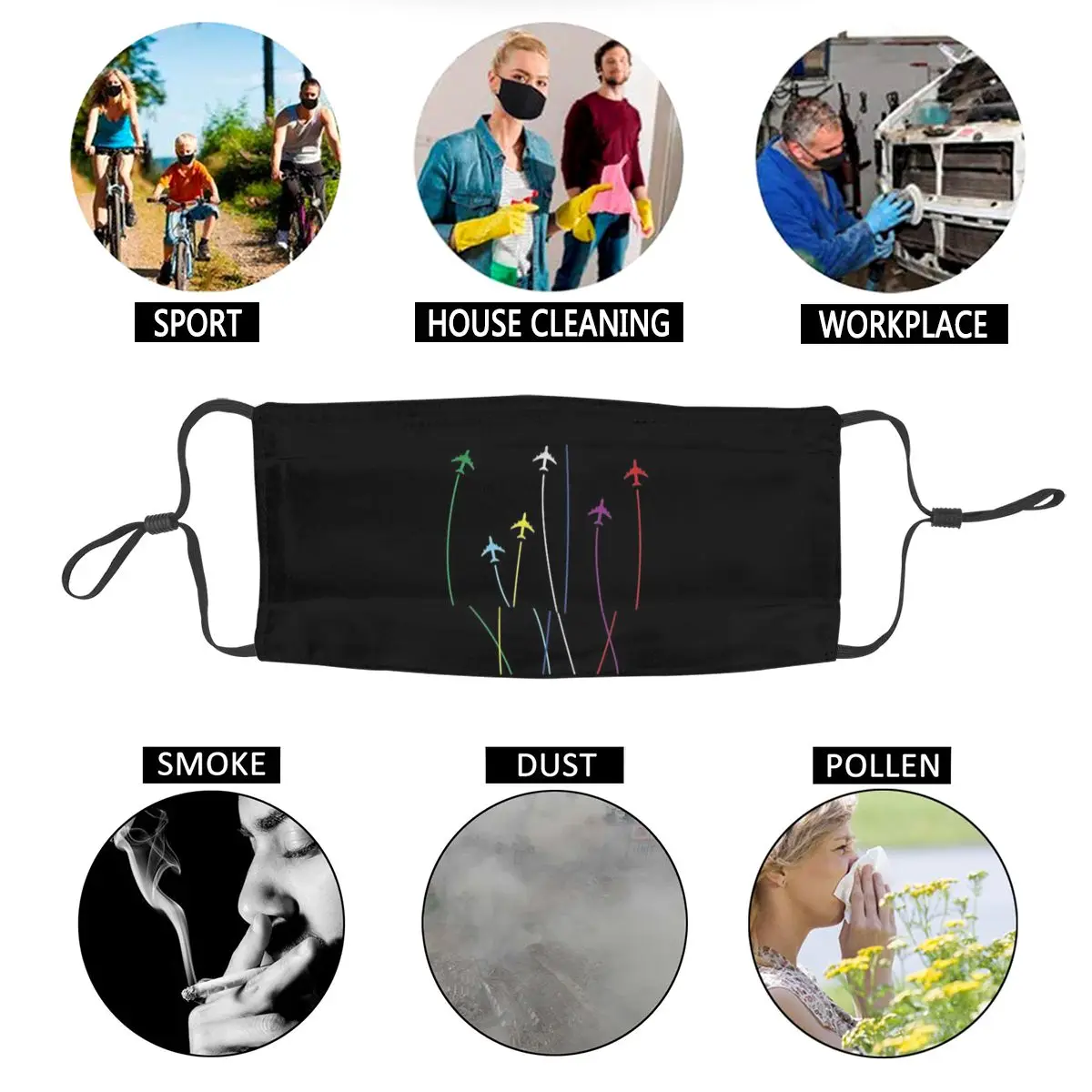 

Rainbow Airplanes Flying On Eachother Reusable Face Mask Anti Haze Dustproof Mask Protection Mask Respirator Mouth Muffle