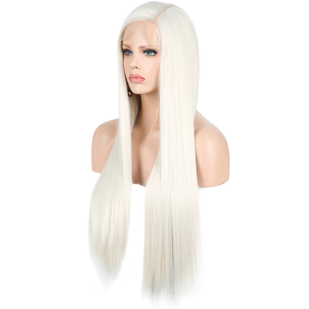 Silky Straight Synthetic Lace Front Wigs White Color Glueless Women Lace Wigs with Baby Hair Pre Plucked Heat Resistant Fiber