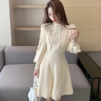 knit dress womens long sleeved round neck stitching lace a line high waist puffy sweater dresses 2020 korean style short dress