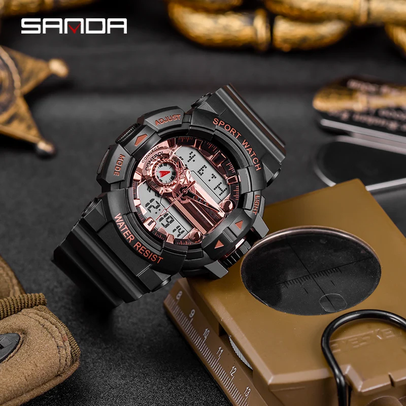SANDA Digitial военные водонепроницаемые спортивные часы для мужской будильник