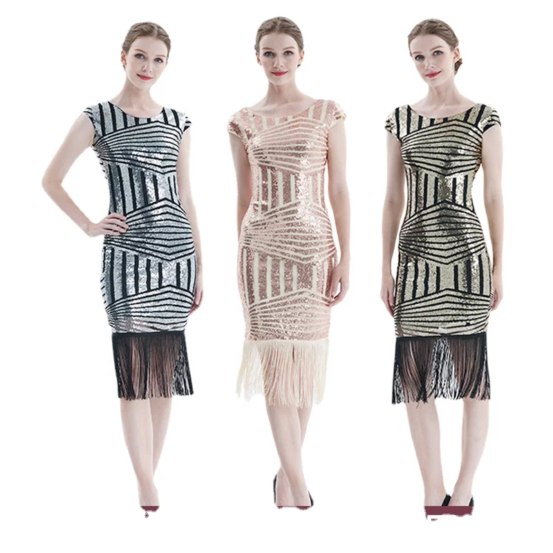 

Plus Size Womens 1920s Gatsby Inspired Pink, Red, Green, Blue, Silver, Gold Sequin Beads Long Fringe Flapper Dress New Style