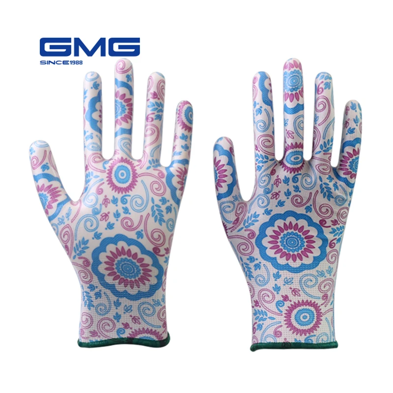 

12 Pairs Working Gloves Women GMG Printed Polyester Shell Nitrile Coating Work Safety Gloves Women's Garden Gloves