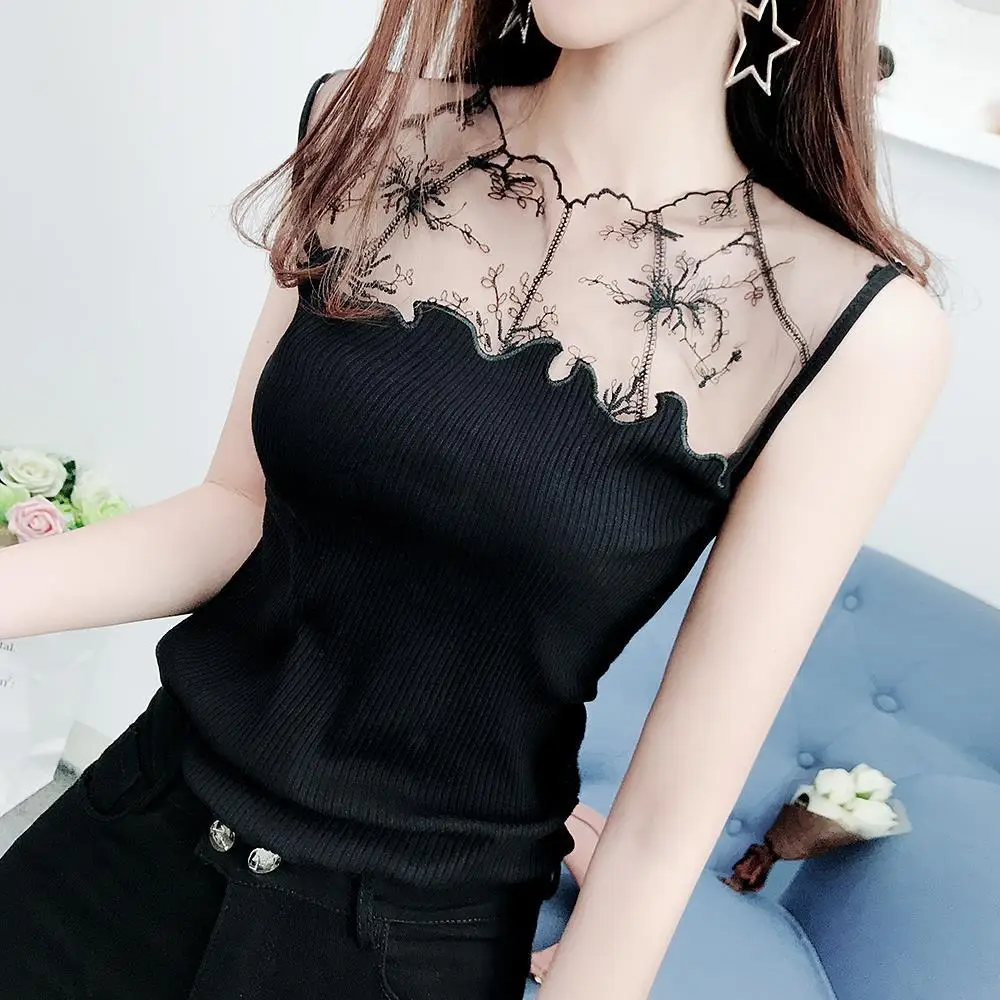 

Women Tank Sexy Sweet Gauze Embroidered Lace Stitching Vest Sleeveless Casual Bottoming Shirts Bottoming Shirt Sexy Tops