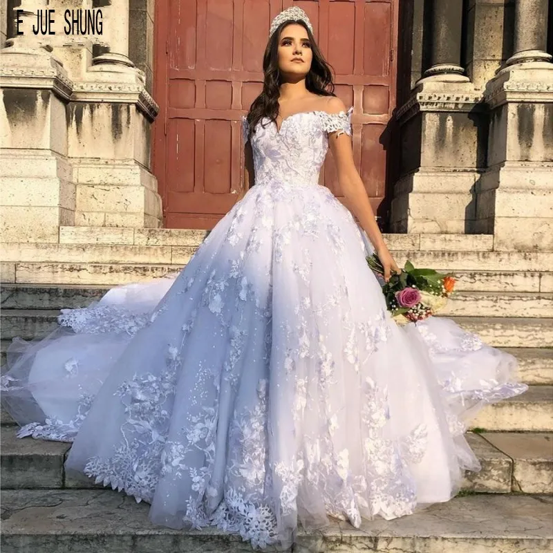 

E JUE SHUNG Luxury Princess Wedding Dresses Off the Shoulder Lace Appliques Button Back Ball Gown Bridal Dresses robe de mariee