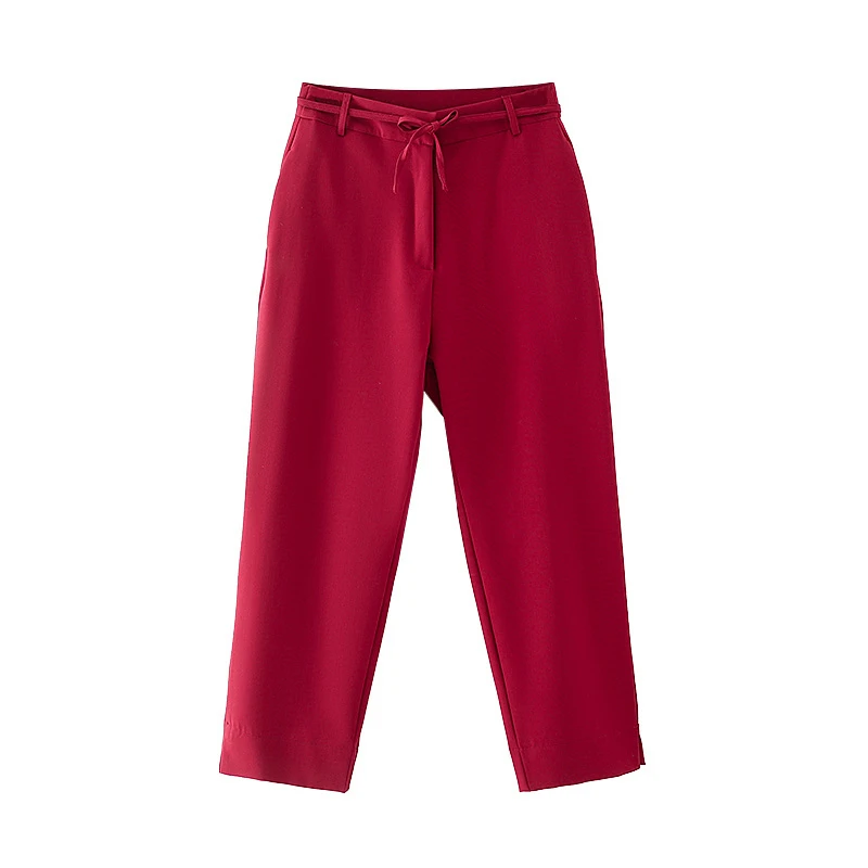 

Элегантные женские шикарные однотонные красные прямые брюки ZXQJ 2020, модные женские брюки на завязках, уличная одежда, женские повседневные д...