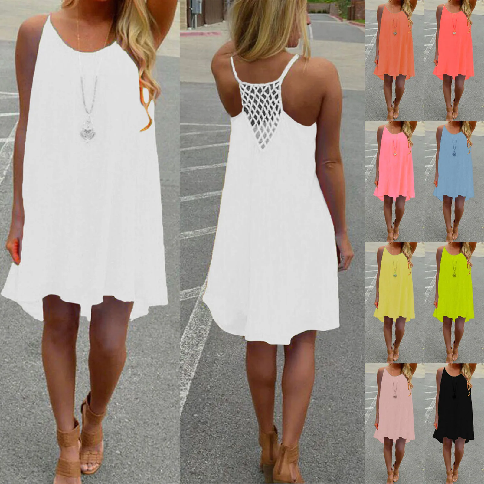 

Women's Solid Color Sleeveless Hollow Round Neck Suspender Dress Summer Casual A-line Vest Knee-length Skirt