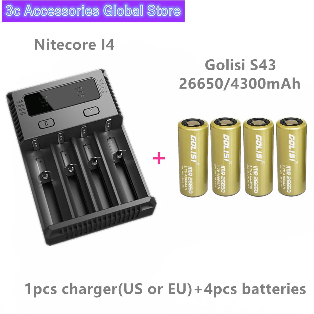 4 шт. GOLISI S43 IMR 26650 4300 мАч 3,7 в CDR 30A/MAX 40A Высокая сливная E-CIG аккумуляторная батарея для VAPE фонарик налобный фонарь Игрушка - Цвет: Золотой