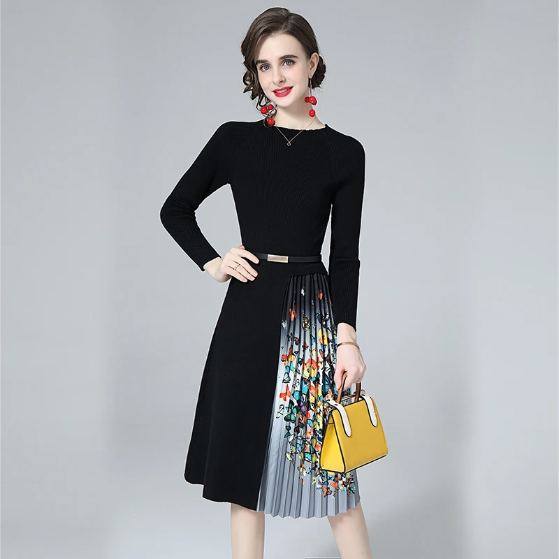 

Fashion Runway Women Thick Sweater Dress Autumn Winter Long Sleeve Elastic Stitching Butterflies Printing Pleated Knitted Dress