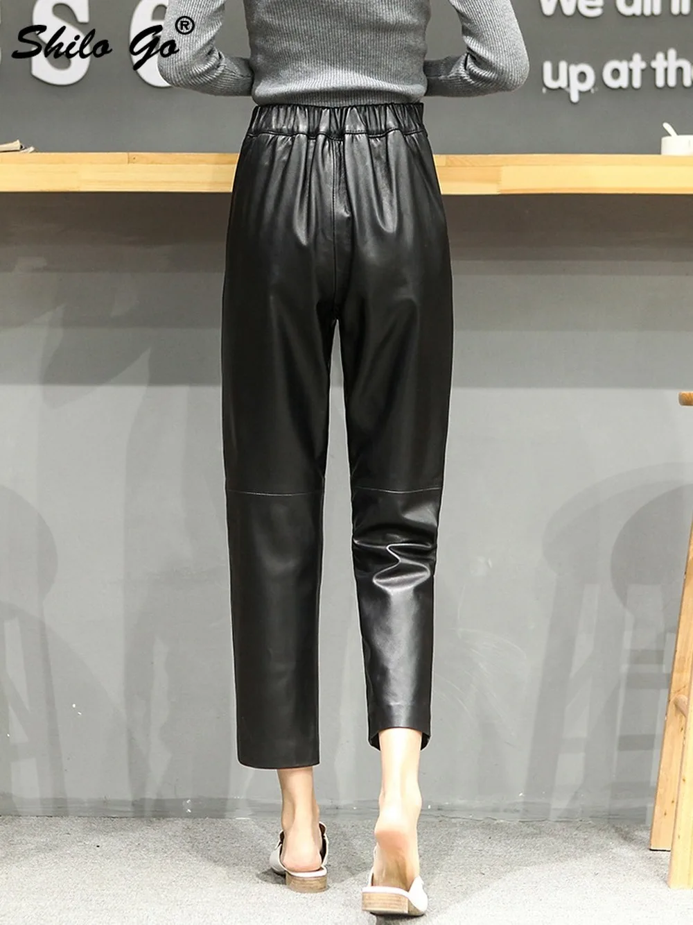 

Office Lady Button Front Pants Womens Winter Streetwear Genuine Leather Pencil Pants Solid High Waist Sheepskin Trousers Famles