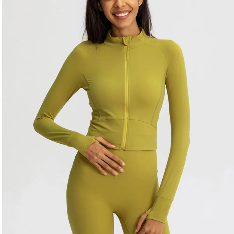 

Nylon Slim Fits Close To The Body Running Jacket Women Thumbholes Cuffins Fabric Quick-dry Gym Fitness Coat Yoga Top